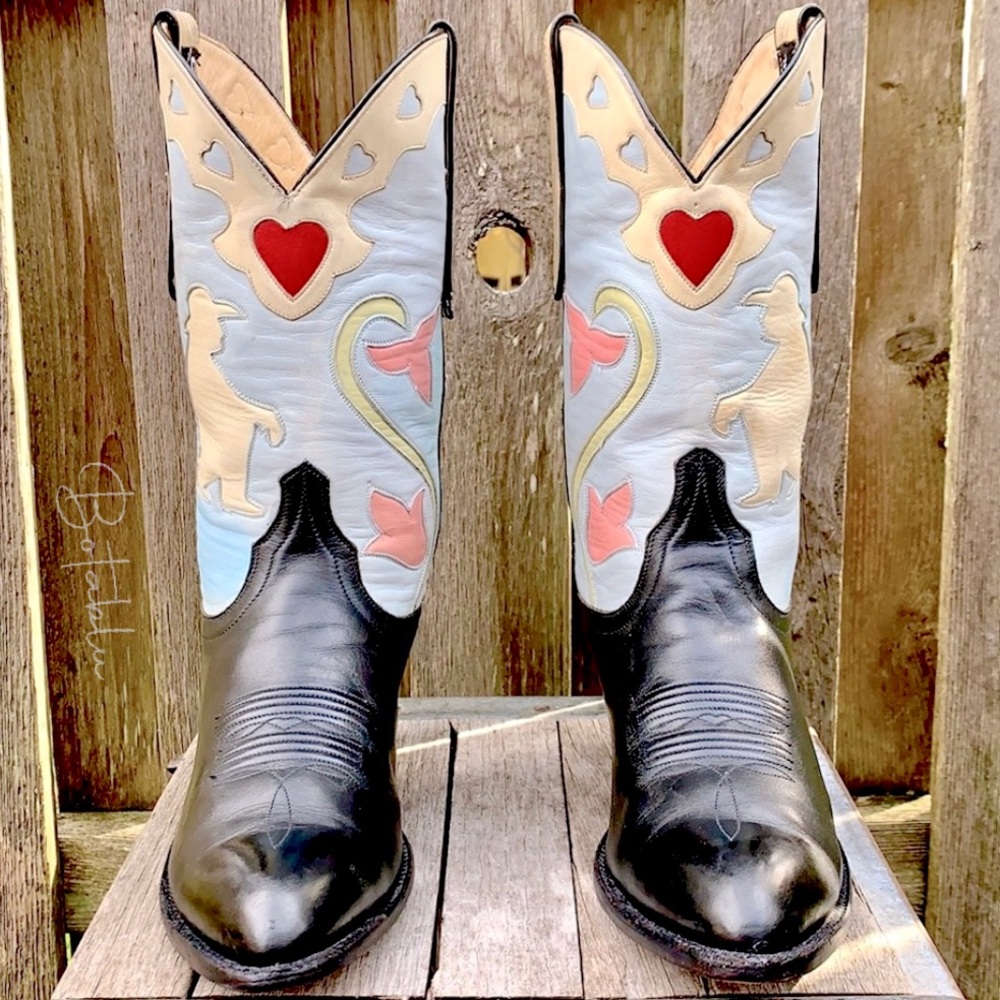 LARRY MAHAN Rare Vintage Cowboy Heart Floral Inlay Cowgirl Western Boots, 7.5 - Picture 1 of 2